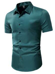 Manfinity Homme 男士素色前排扣襯衫 - 墨綠色 - 查看 6