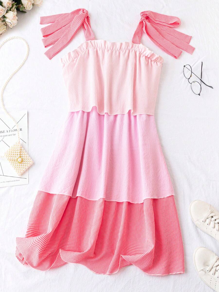 Flirla 大碼撞色肩上打結褶邊吊帶連衣裙 - 粉色 - 查看 1