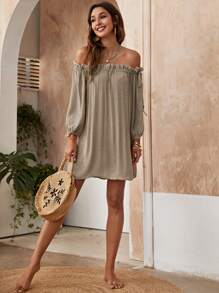 Breezaya Off Shoulder Lá sen tỉa Váy Cover Up - Màu Khaki - Xem 4