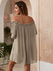 Breezaya Off Shoulder Lá sen tỉa Váy Cover Up - Màu Khaki - Xem 3