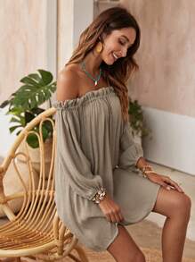 Breezaya Off Shoulder Lá sen tỉa Váy Cover Up - Màu Khaki - Xem 5