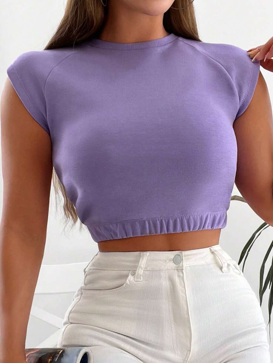 SHEIN Cottnline Solid Raglan Sleeve Crop Tee - Violet Purple - View 1