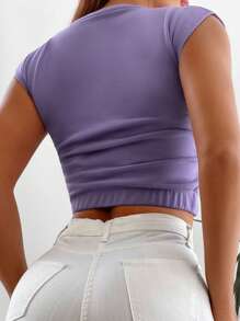 SHEIN Cottnline Solid Raglan Sleeve Crop Tee - Violet Purple - View 2