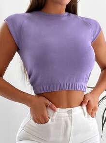 SHEIN Cottnline Solid Raglan Sleeve Crop Tee - Violet Purple - View 3