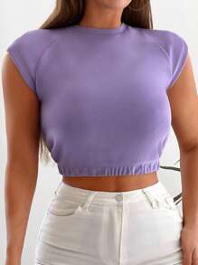 SHEIN Cottnline Solid Raglan Sleeve Crop Tee - Violet Purple - View 4