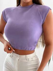 SHEIN Cottnline Solid Raglan Sleeve Crop Tee - Violet Purple - View 5
