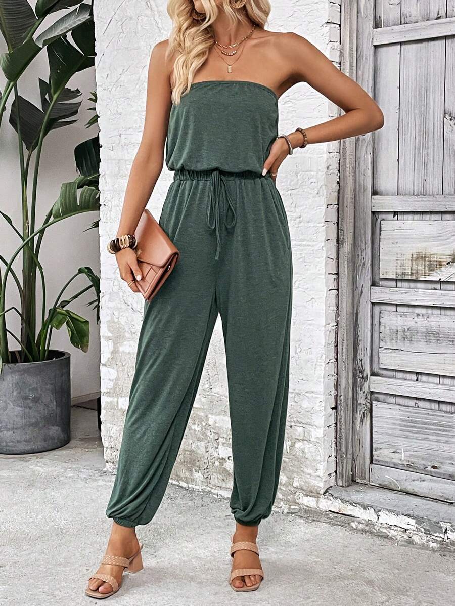SHEIN LUNE Chất rắn Nút phía trước Jumpsuit ống - màu xanh lá - Xem 1