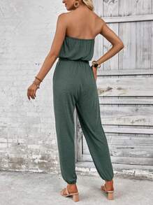 SHEIN LUNE Chất rắn Nút phía trước Jumpsuit ống - màu xanh lá - Xem 2