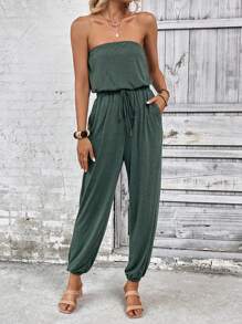 SHEIN LUNE Chất rắn Nút phía trước Jumpsuit ống - màu xanh lá - Xem 3