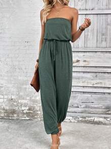 SHEIN LUNE Chất rắn Nút phía trước Jumpsuit ống - màu xanh lá - Xem 4