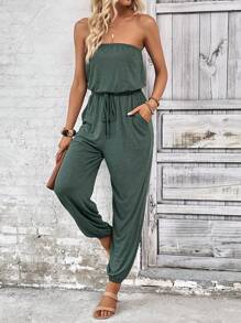 SHEIN LUNE Chất rắn Nút phía trước Jumpsuit ống - màu xanh lá - Xem 5