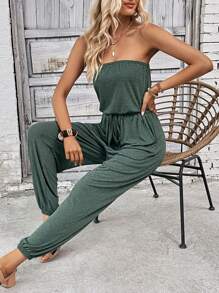 SHEIN LUNE Chất rắn Nút phía trước Jumpsuit ống - màu xanh lá - Xem 6