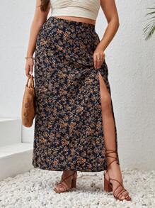 SHEIN VCAY 大碼碎花高衩半身裙 - 彩色 - 查看 1