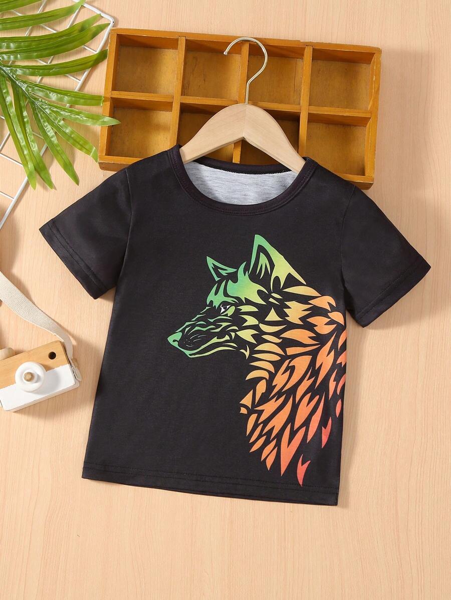 SHEIN 男小童動物印花T恤 - 黑色 - 查看 1