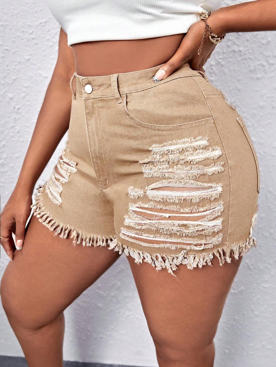 SHEIN SXY Quần short denim oversized mép Hem thô Bị tách màu trơn - Màu Khaki - Xem 1