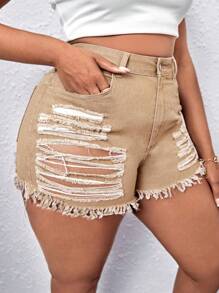 SHEIN SXY Quần short denim oversized mép Hem thô Bị tách màu trơn - Màu Khaki - Xem 4