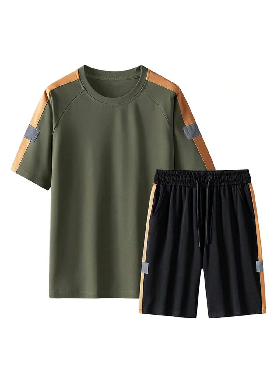 Men Contrast Side Seam Raglan Sleeve Tee & Drawstring Waist Shorts - Multicolor - View 1