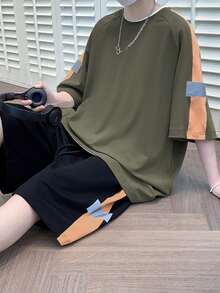 男士拼接側邊接縫插肩袖T恤和腰部抽繩短褲 - 彩色 - 查看 6