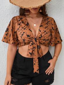 SHEIN VCAY 大碼滿版印花前打結短款上衣 - 棕色 - 查看 1