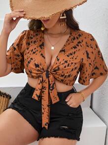 SHEIN VCAY 大碼滿版印花前打結短款上衣 - 棕色 - 查看 3