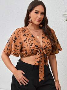 SHEIN VCAY 大碼滿版印花前打結短款上衣 - 棕色 - 查看 4