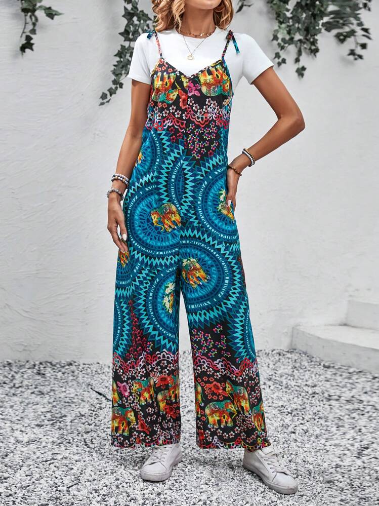 SHEIN LUNE Allover  Print Wide Leg Cami Jumpsuit Without Tee - Blue - View 1