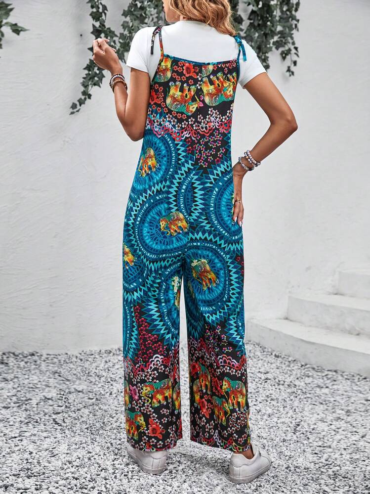 SHEIN LUNE Allover  Print Wide Leg Cami Jumpsuit Without Tee - Blue - View 2