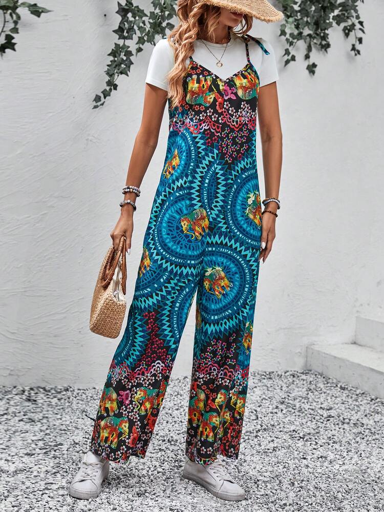 SHEIN LUNE Allover  Print Wide Leg Cami Jumpsuit Without Tee - Blue - View 4
