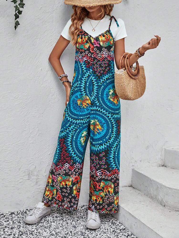 SHEIN LUNE Allover  Print Wide Leg Cami Jumpsuit Without Tee - Blue - View 5