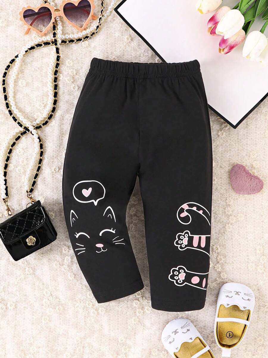 Baby Girl Cartoon Graphic Trousers - Black - View 1