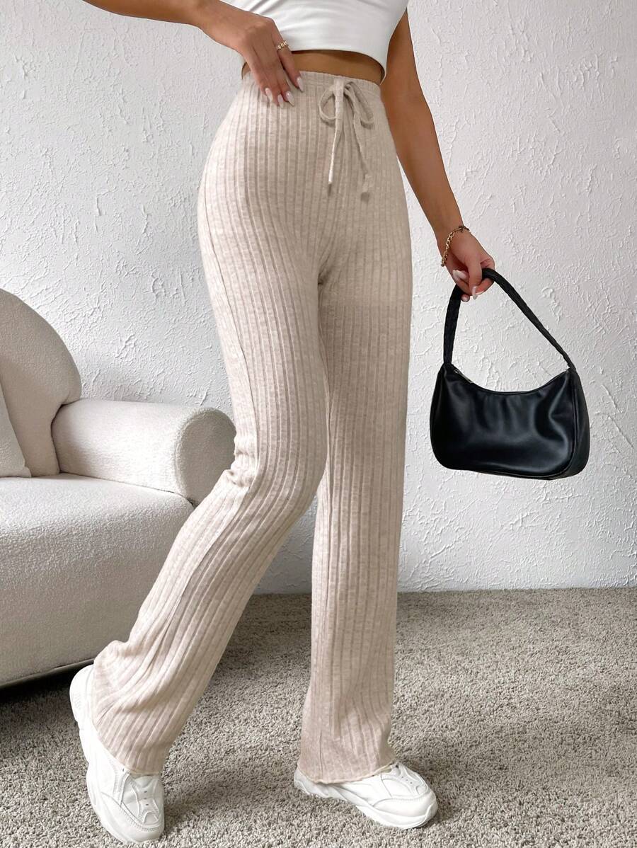 SHEIN LUNE 腰上打結直筒褲 - 杏色 - 查看 1