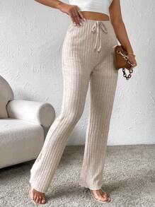 SHEIN LUNE 腰上打結直筒褲 - 杏色 - 查看 4