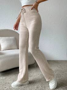 SHEIN LUNE 腰上打結直筒褲 - 杏色 - 查看 5