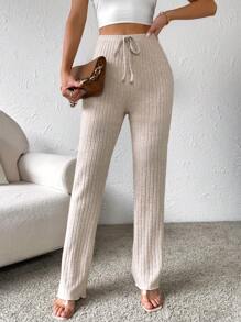 SHEIN LUNE 腰上打結直筒褲 - 杏色 - 查看 6