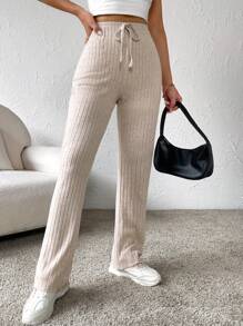 SHEIN LUNE 腰上打結直筒褲 - 杏色 - 查看 7