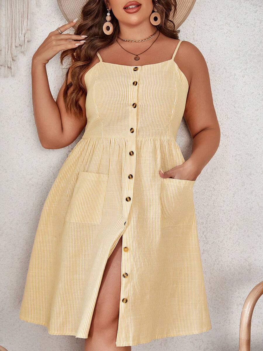 Dreamara 大碼前紐扣吊帶連衣裙 - 黃色 - 查看 1