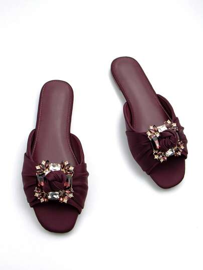 Women Rhinestone Decor Ruched Detail Slide Sandals, Glamorous Flats Valentines