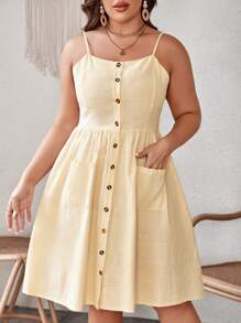 Dreamara 大碼前紐扣吊帶連衣裙 - 黃色 - 查看 3