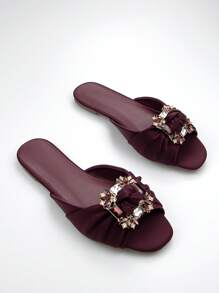 Women Rhinestone Decor Ruched Detail Slide Sandals, Glamorous Flats Valentines,Spring Summer Outfits - Burgundy - View 3
