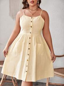 Dreamara 大碼前紐扣吊帶連衣裙 - 黃色 - 查看 4