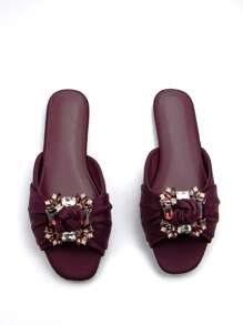 Women Rhinestone Decor Ruched Detail Slide Sandals, Glamorous Flats Valentines,Spring Summer Outfits - Burgundy - View 4