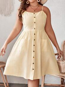 Dreamara 大碼前紐扣吊帶連衣裙 - 黃色 - 查看 6