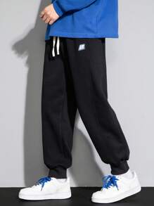 Men Letter Patched Detail Drawstring Waist Sweatpants - Black - View 1