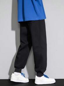 Men Letter Patched Detail Drawstring Waist Sweatpants - Black - View 2