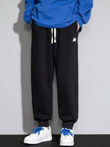 Men Letter Patched Detail Drawstring Waist Sweatpants - Black - View 3