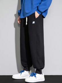 Men Letter Patched Detail Drawstring Waist Sweatpants - Black - View 4