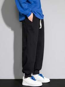 Men Letter Patched Detail Drawstring Waist Sweatpants - Black - View 5