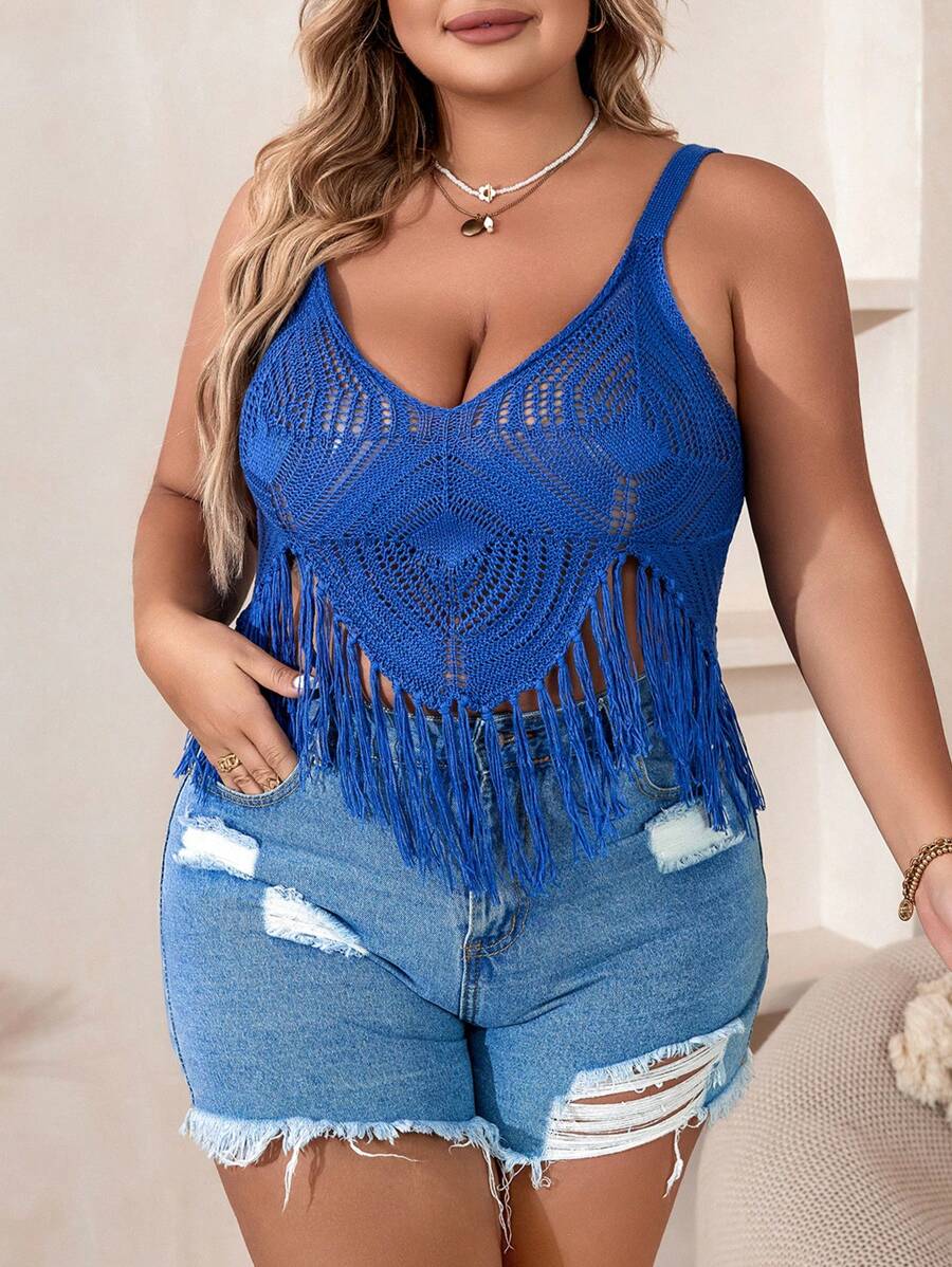 SHEIN VCAY 大碼流蘇下擺針織吊帶上衣 - 藍色 - 查看 1