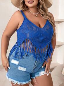 SHEIN VCAY 大碼流蘇下擺針織吊帶上衣 - 藍色 - 查看 3