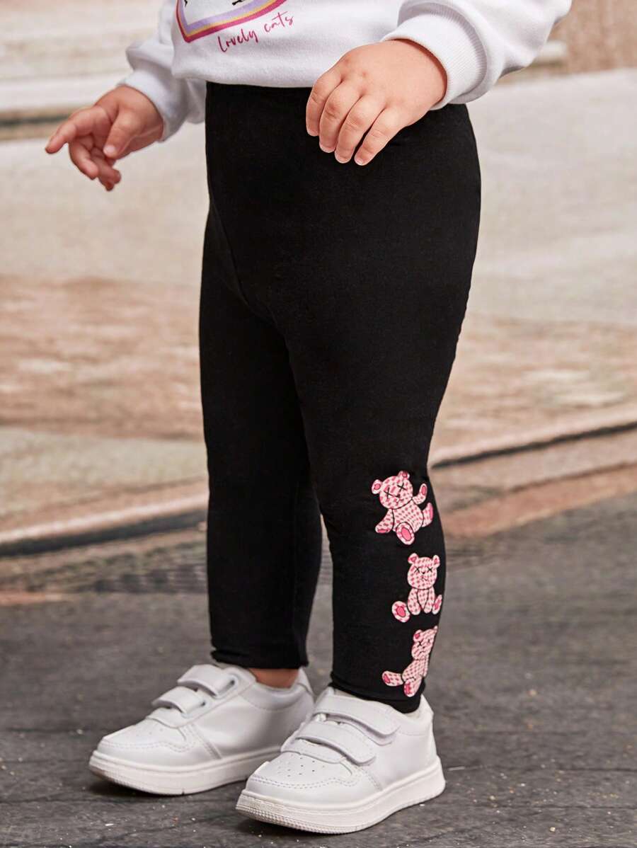 SHEIN Casual Versatile Cute Cartoon Bear Print Knitted Leggings - Black - View 1